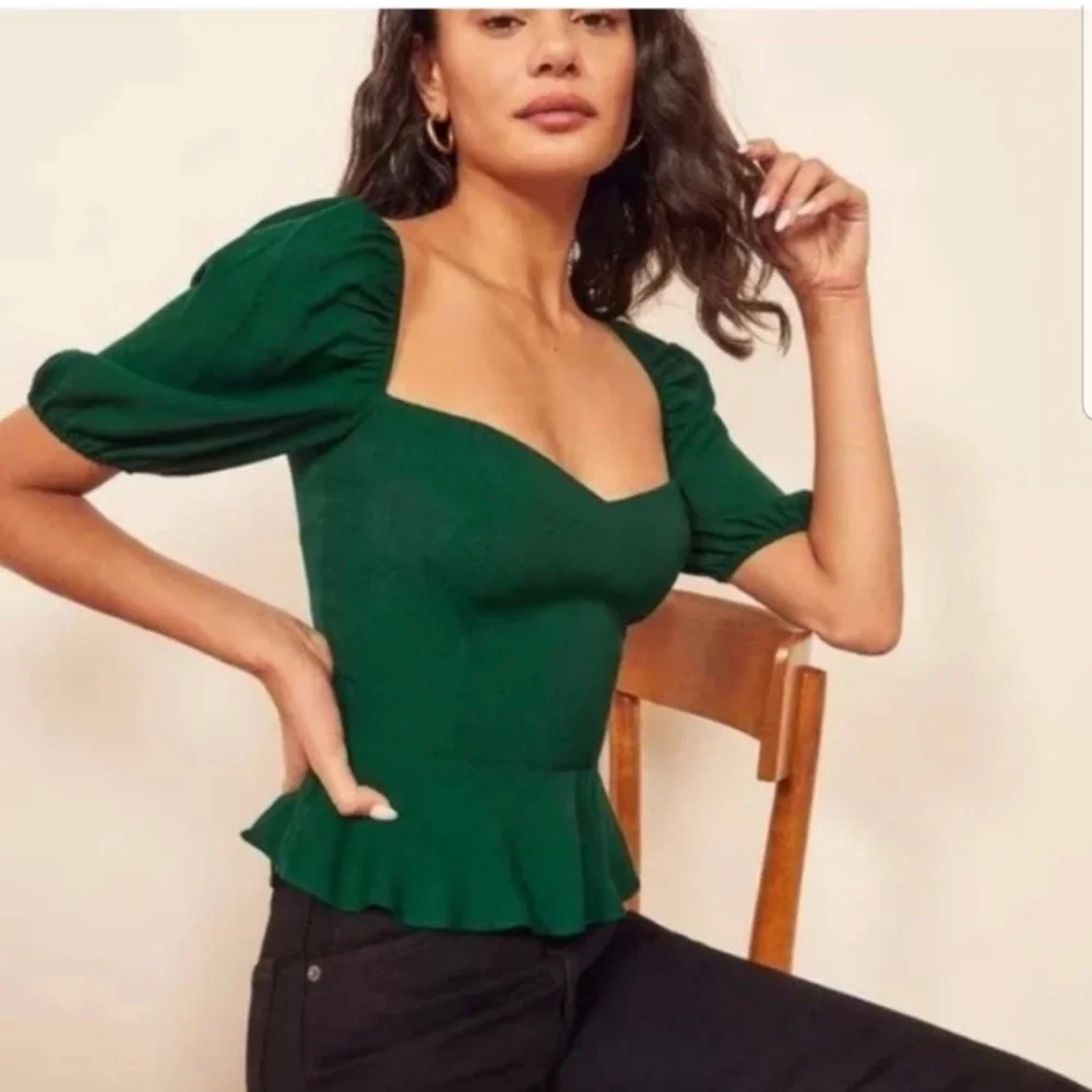Reformation Emerald Green Puff Sleeve Peplum Top